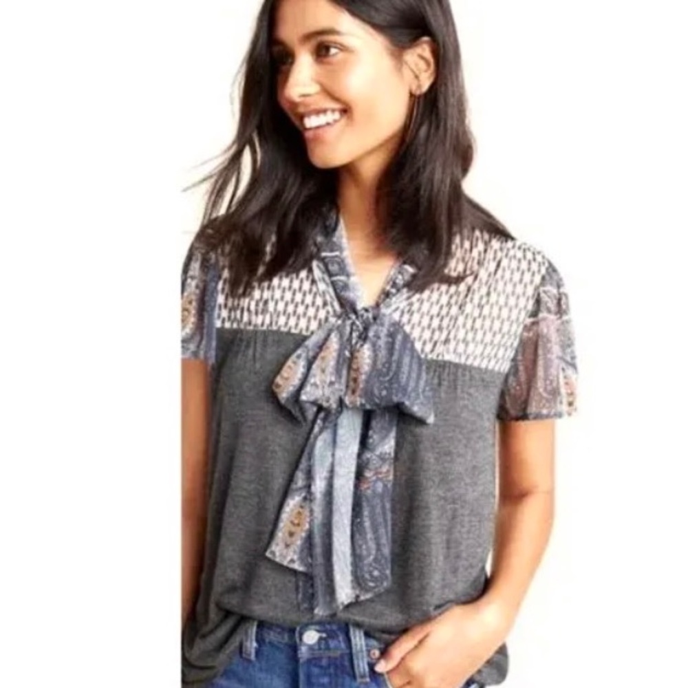 Anthropologie x Tiny | Tie front multi pattern texture blouse top